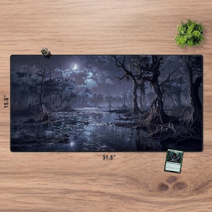 May include: A rectangular playmat featuring a dark, swampy landscape with bare trees under a moonlit sky. The mat measures 31.5 inches long and 15.5 inches wide.