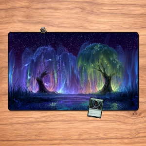 May include: A rectangular playmat featuring a fantasy landscape with glowing trees and a starry night sky. The mat has a dark blue and purple color scheme with a card in the lower right corner and a die on the top left corner.