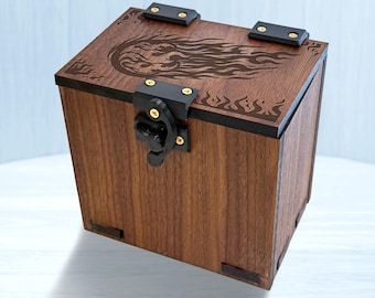 Wood MTG Deck Box: Fireball Theme, 100+ Cards, Dice Tray, Red