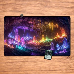 May include: A vibrant playmat featuring a fantasy cave scene filled with colorful crystals in shades of purple, pink, yellow, and blue. A small, dark-colored die and a trading card are on the mat. The scene is illuminated with a rainbow of light.