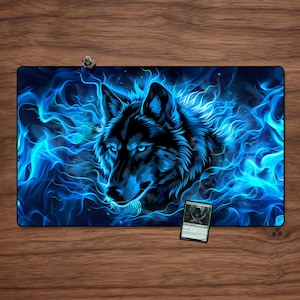 Magic Blue Wolf Playmat 23.6&quot; x 13.8&quot; MTG and other TCGs Tabletop Accessory