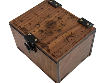 Walnut Wood Tarot Box: Celestial Engraving, Keepsake Storage