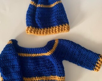 Handmade Crochet Baby Boy Sweater and Beanie Set
