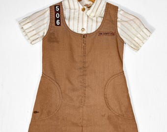 Vintage Girl Scouts USA Uniform Brown Jumper and Striped Blouse Set Size 5