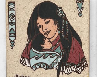 Azulejo de cerámica vintage de 1984, tonos tierra, Leone Kuhne, Madre Nativa con Niño, 15 cm (6 pulgadas).