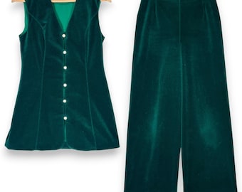 Conjunto de pantalón y chaleco de terciopelo verde esmeralda de Vanity Fair, estilo vintage de los años 70, talla S para mujer.