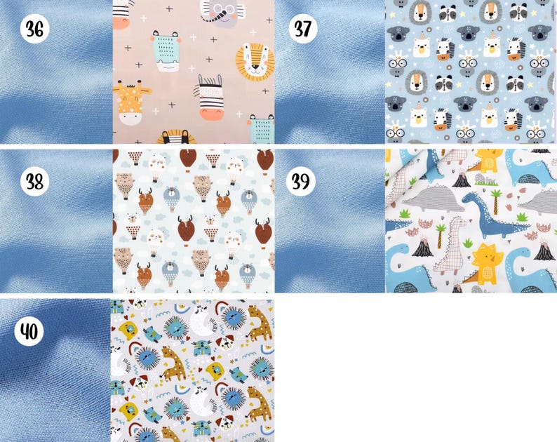 May include: A collection of five fabric swatches labeled 36 through 40. Pattern 36 features pastel animals on pink. Pattern 37 shows animal faces on light blue. Pattern 38 displays hot air balloons on white. Pattern 39 depicts dinosaurs on white. Pattern 40 shows colorful animals on gray.