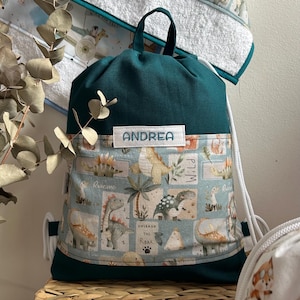 Personalized kindergarten bag with name | Cotton backpack for children | Personalized kindergarten bag | Nursery bag for kids 41- petrolio/dinoswe