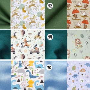 May include: A collection of six fabric swatches labeled 31 through 36. The patterns include rabbits, tigers with sailboats, animals in cars, lions with rainbows, dinosaurs, and elephants with clouds, paired with solid green and blue fabric textures.