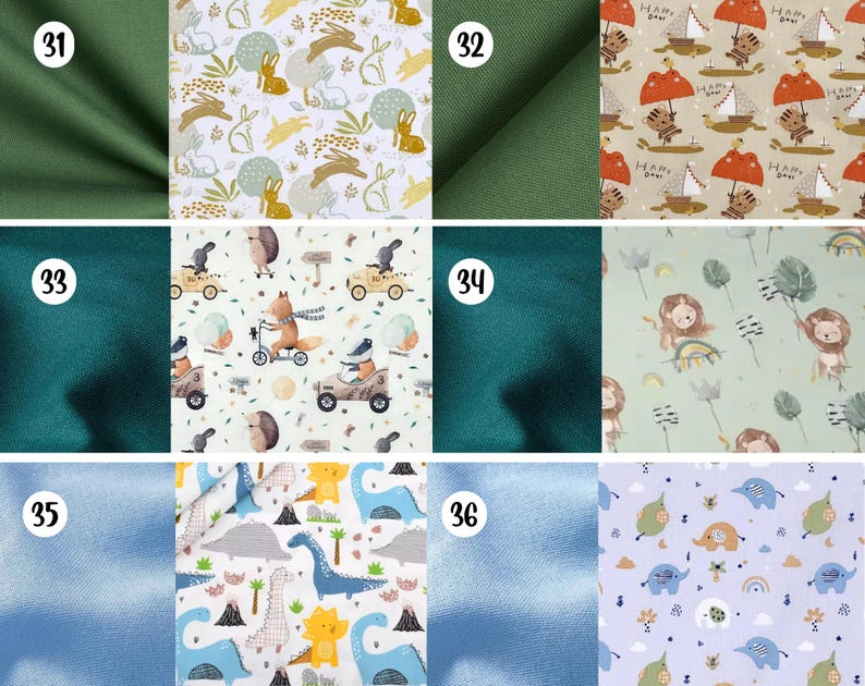 May include: A collection of six fabric swatches labeled 31 through 36. The patterns include rabbits, tigers with sailboats, animals in cars, lions with rainbows, dinosaurs, and elephants with clouds, paired with solid green and blue fabric textures.