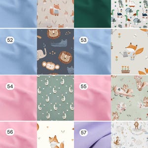 May include: A collection of fabric swatches featuring solid colors and various patterns including foxes, dinosaurs, jungle animals, geese, and bears. Each swatch is numbered from 50 to 57, displaying diverse illustrations on light backgrounds.