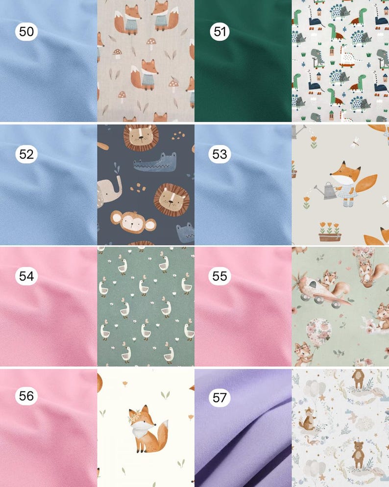 May include: A collection of fabric swatches featuring solid colors and various patterns including foxes, dinosaurs, jungle animals, geese, and bears. Each swatch is numbered from 50 to 57, displaying diverse illustrations on light backgrounds.