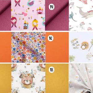 May include: A grid of six fabric swatches labeled 13 through 18. The collection includes solid magenta, orange, and mustard yellow textiles alongside patterned fabrics featuring princesses, castles, whales, jellyfish, floral prints, hedgehogs, bears, and giraffes.