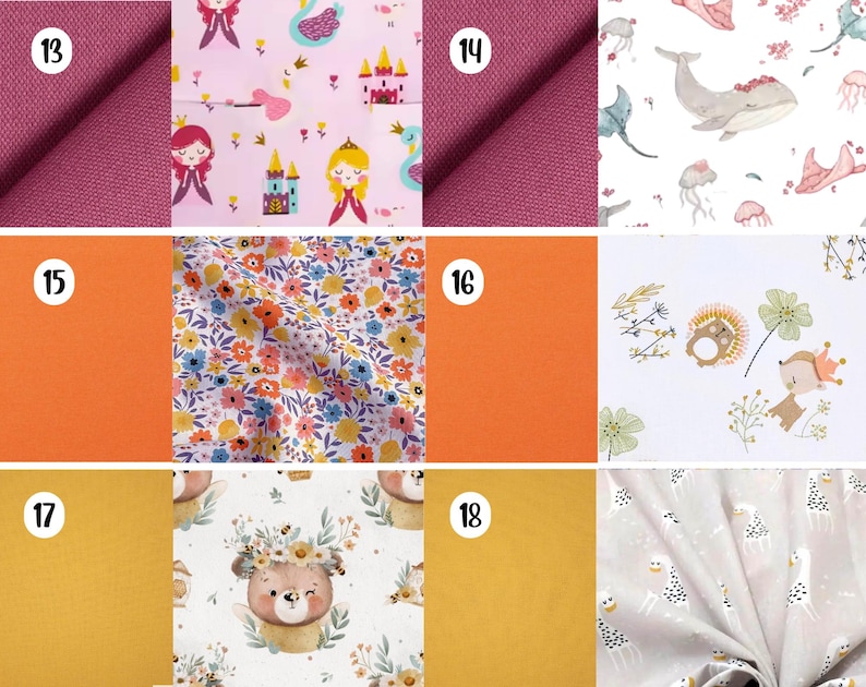 May include: A grid of six fabric swatches labeled 13 through 18. The collection includes solid magenta, orange, and mustard yellow textiles alongside patterned fabrics featuring princesses, castles, whales, jellyfish, floral prints, hedgehogs, bears, and giraffes.