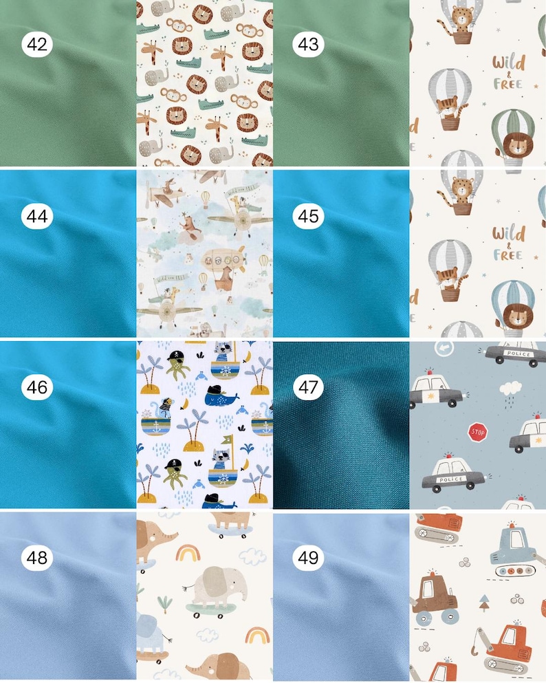 May include: A grid of fabric swatches labeled 42 through 49. The collection includes solid sage green, bright blue, and dark teal fabrics alongside patterned prints featuring cartoon animals, hot air balloons, police cars, and construction vehicles.