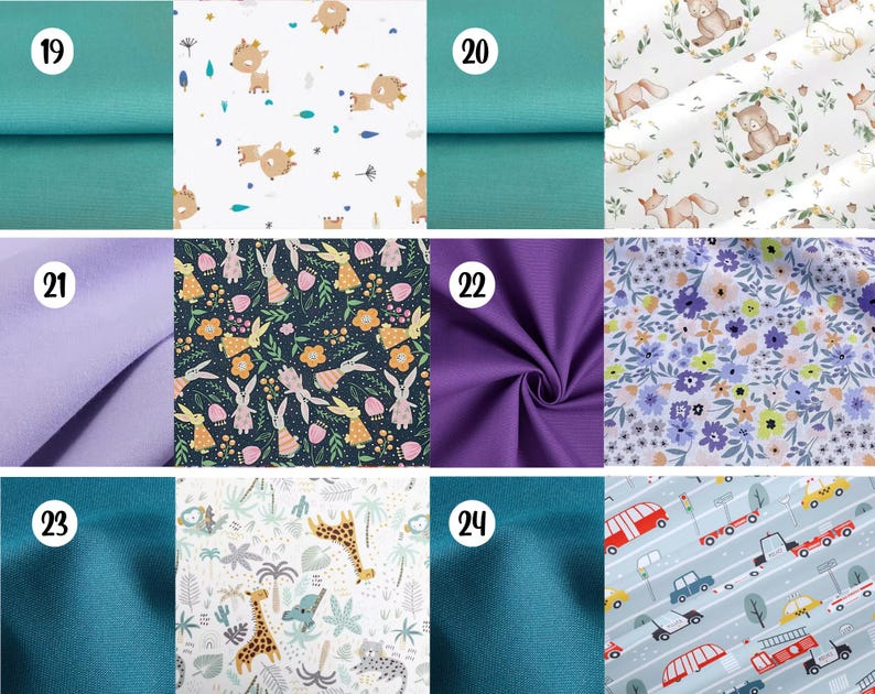 May include: A collection of fabric swatches labeled 19 through 24, featuring solid teal, lavender, and purple colors alongside patterned prints of cartoon deer, woodland animals in wreaths, rabbits with flowers, giraffes, and various city vehicles.