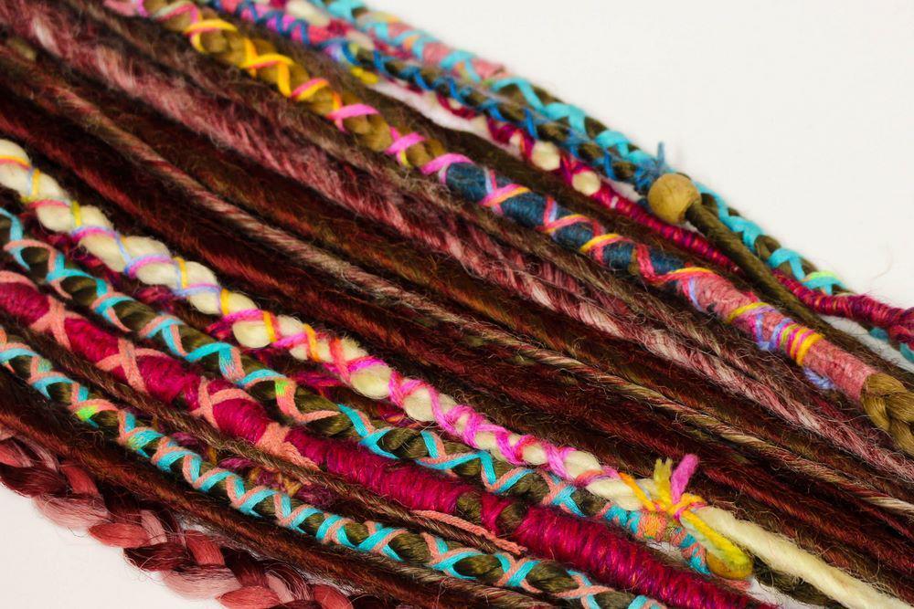 XPre-decorated set of long synthetic dreads extensions, copper brown accent set, with beads, wraps, decorations, charm, jewelry, handmade