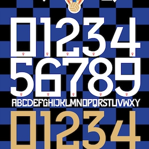 Puede incluir: Kit de fuentes digital para la equipación de visitante de Croacia, CM 2026. El diseño incluye números y letras blancos y dorados, y el logo de la Federación Croata de Fútbol. El fondo es un patrón de cuadros azules y negros.