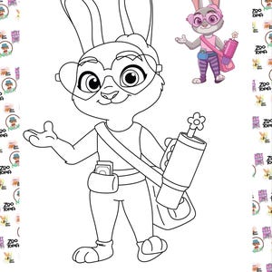 以下が含まれることがあります： ズートピアのウサギのキャラクターの白黒線画。メガネとユーティリティベルトを着用し、円筒形のオブジェクトを持っています。キャラクターの小さく色付きのバージョンが右上隅にあります。「COLORS:」という単語が一番下にあります。