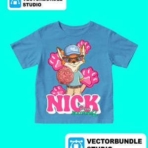 May include: A light blue t-shirt with a cartoon fox character wearing sunglasses and a cap, holding a pink object. The shirt has the word "NICK" in pink letters, with "Disney Zootopia 2" below.
