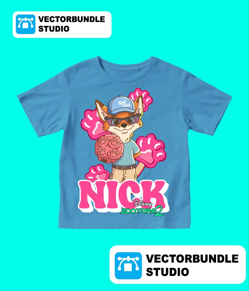 May include: A light blue t-shirt with a cartoon fox character wearing sunglasses and a cap, holding a pink object. The shirt has the word "NICK" in pink letters, with "Disney Zootopia 2" below.