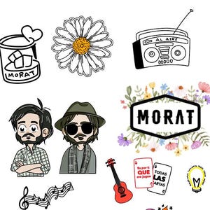 Może przedstawiać: Zbiór ilustracji z kreskówek przedstawiających stokrotkę, radio z napisem "AL AIRE", gitarę i dwie postacie. Inne ilustracje obejmują kubek ze słowem "MORAT" i karty do gry.