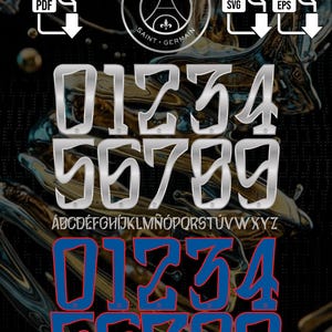 Può includere: Elementi di design digitale con il logo PSG, numeri e alfabeti. L'immagine include il testo "PSG NIGHT EDITION UCL TEMP 25-26" e icone di tipo di file. I numeri 0-9 sono visualizzati in argento e blu con un contorno rosso.