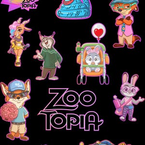 Puede incluir: Una colección de pegatinas de personajes de dibujos animados coloridos de la película Zootrópolis. Las pegatinas presentan varios animales, incluyendo un zorro, una serpiente, un conejo y un perezoso, en diferentes poses y atuendos. El logotipo de Zootrópolis también está incluido.