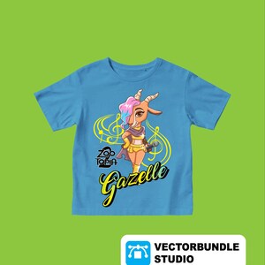 May include: A light blue t-shirt with a cartoon image of Gazelle from Zootopia. The design includes musical notes and the character's name in yellow script. The shirt has short sleeves and a crew neck.