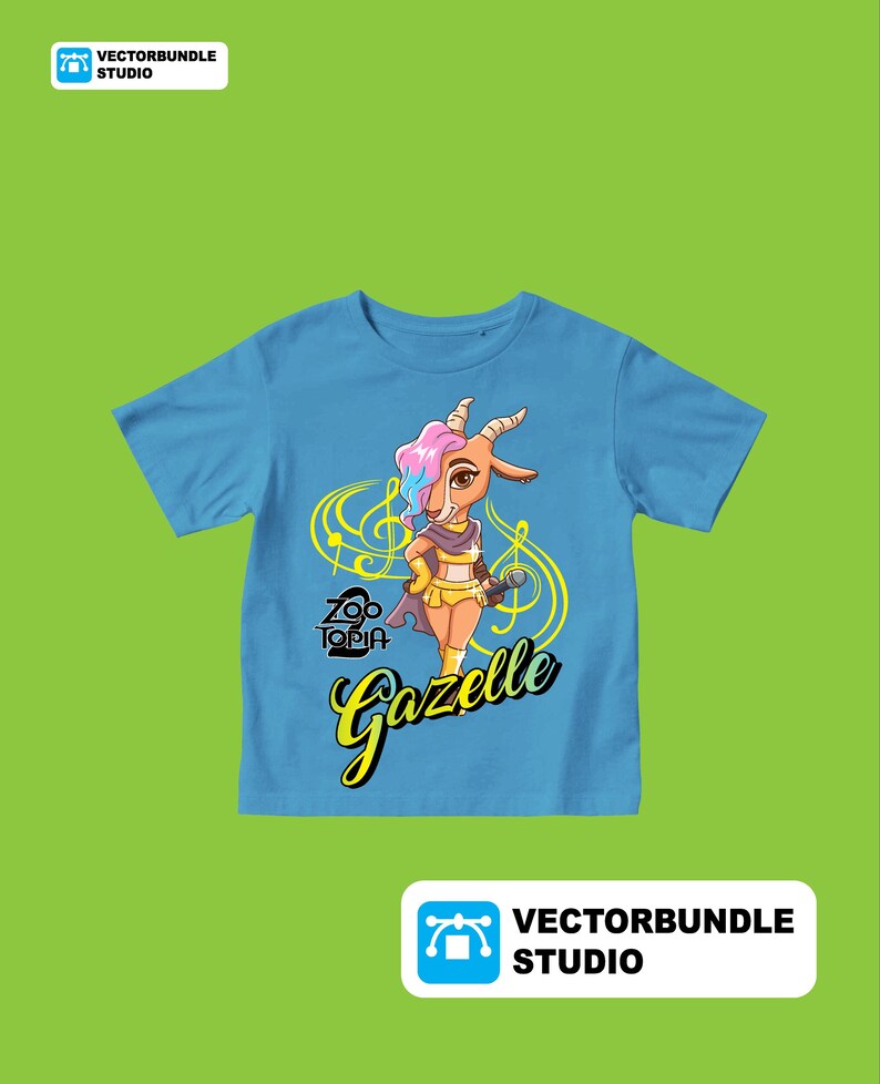 May include: A light blue t-shirt with a cartoon image of Gazelle from Zootopia. The design includes musical notes and the character's name in yellow script. The shirt has short sleeves and a crew neck.