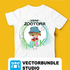 May include: White t-shirt with a graphic of Nick Wilde from Disney's Zootopia. The design includes the text "DISNEY ZOOTOPIA" and "NICK", alongside a cartoon image of Nick wearing a hat and glasses. The shirt also has the text "VECTORBUNDLE STUDIO".