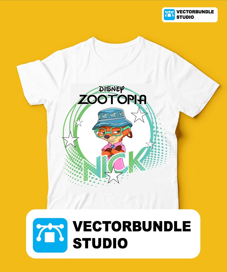 May include: White t-shirt with a graphic of Nick Wilde from Disney's Zootopia. The design includes the text "DISNEY ZOOTOPIA" and "NICK", alongside a cartoon image of Nick wearing a hat and glasses. The shirt also has the text "VECTORBUNDLE STUDIO".