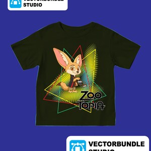 May include: Dark green t-shirt with a cartoon fox character from Zootopia, set against a geometric background with the movie title. The design includes red, green, and yellow accents.