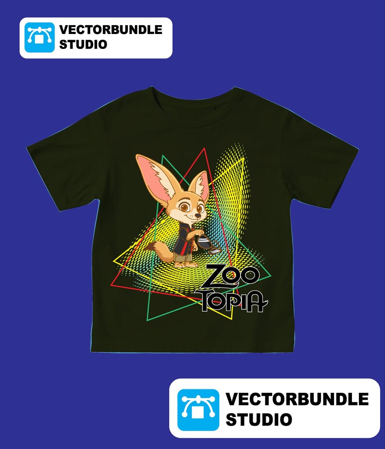 May include: Dark green t-shirt with a cartoon fox character from Zootopia, set against a geometric background with the movie title. The design includes red, green, and yellow accents.