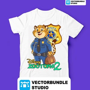 May include: White t-shirt with a cartoon cheetah in a police uniform, holding a brown bag. The design includes a police badge and the text "Disney Zootopia 2". The Vectorbundle Studio logo is at the top and bottom.