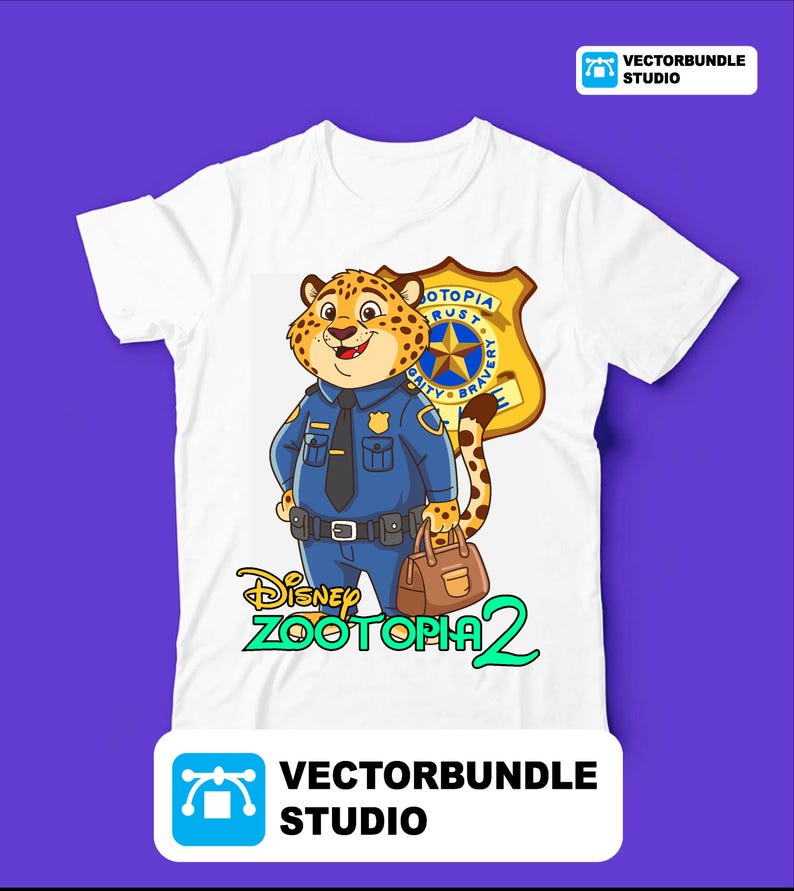 May include: White t-shirt with a cartoon cheetah in a police uniform, holding a brown bag. The design includes a police badge and the text "Disney Zootopia 2". The Vectorbundle Studio logo is at the top and bottom.