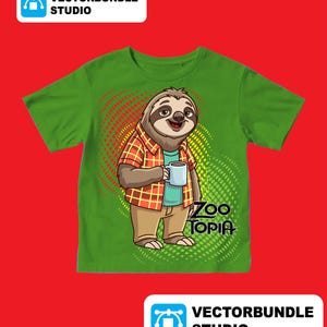 May include: Green t-shirt with a cartoon sloth in a plaid shirt and tan trousers, holding a mug. The text "Zoo Topia" is printed on the shirt. The Vectorbundle Studio logo is in the top left and bottom right corners.