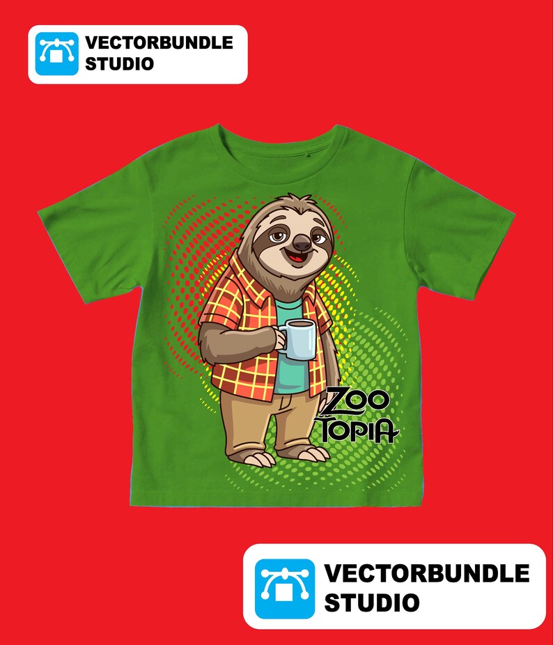 May include: Green t-shirt with a cartoon sloth in a plaid shirt and tan trousers, holding a mug. The text "Zoo Topia" is printed on the shirt. The Vectorbundle Studio logo is in the top left and bottom right corners.