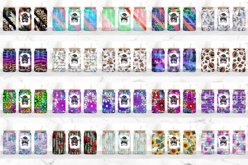 May include: A set of 40 colorful, patterned, stainless steel tumblers with a straw. Each tumbler features a different design with a cartoon character wearing sunglasses.