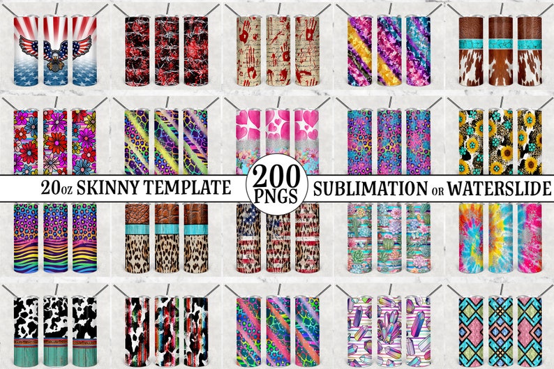 May include: 200 sublimation or waterslide designs for 20 oz skinny tumblers. The designs include a variety of patterns, colors, and themes, such as floral, animal print, tie-dye, and geometric.