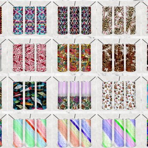 May include: Twenty different designs for 20 oz. stainless steel tumblers. The designs include various patterns, colors, and themes, such as animal prints, geometric shapes, and abstract art.