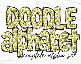 SoftBall Doodle Alphabet PNG, Alphabet Letters PNG Bundle, Hand Drawn Doodles, Sublimation Alpha Set Designs PNG , Sublimation Alphabet