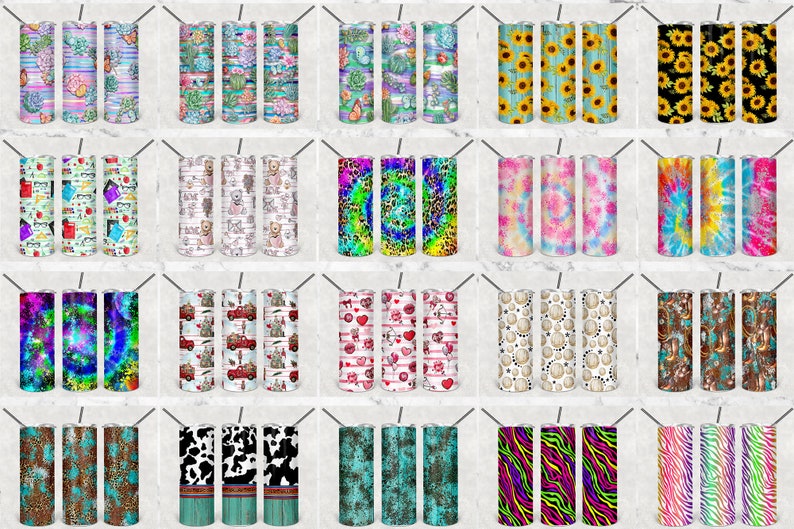 May include: Set of 24 sublimation designs for 20 oz tumblers. The designs feature a variety of patterns, including floral, animal print, tie-dye, and geometric. The designs are perfect for creating unique and personalized tumblers.