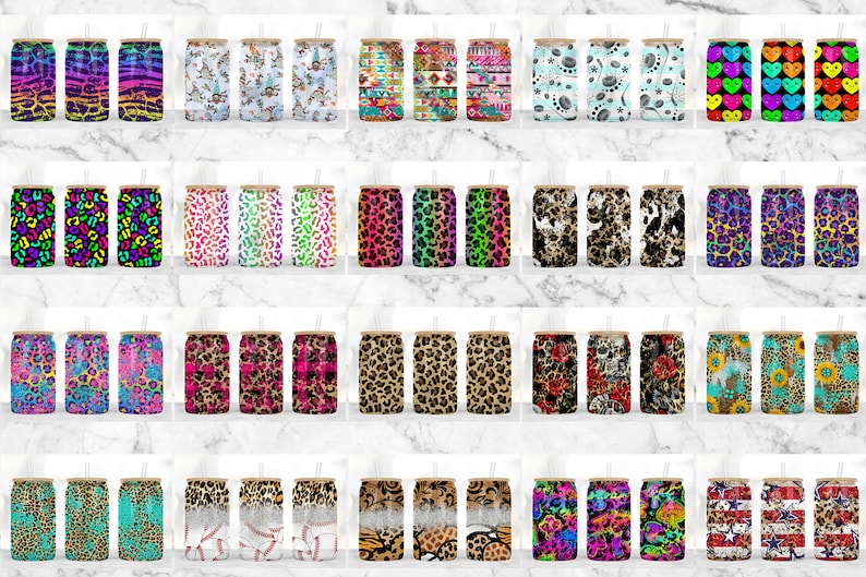 May include: A set of 40 colorful and patterned can coolers. The coolers are made of neoprene and feature a variety of designs, including animal prints, geometric patterns, and abstract designs.