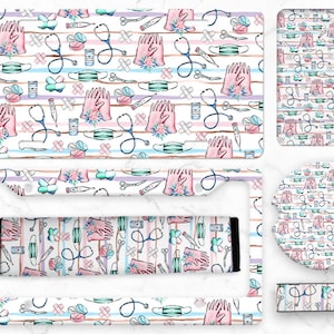 Paquete de sublimación de coche de enfermera, matrícula y cubierta, ambientador, posavasos de coche, matrícula, pulsera de llavero, funda de cinturón de seguridad