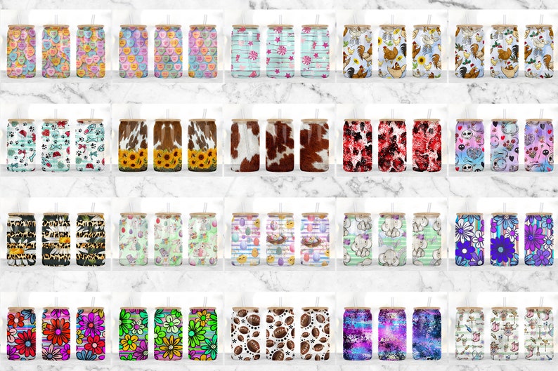 May include: Twenty different designs for skinny tumblers with various patterns and colors. The tumblers are all the same size and shape, and they have a straw.