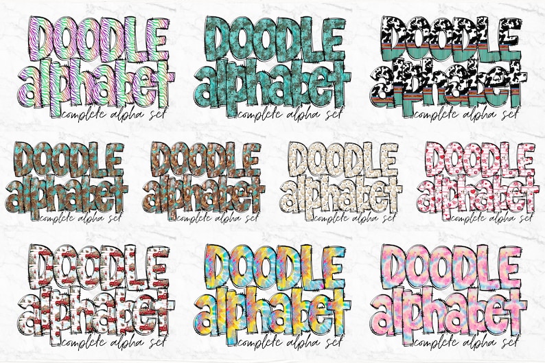 Pu&ograve; includere: Un set di nove disegni di alfabeto doodle colorati. Ogni lettera &egrave; riempita con un motivo diverso, tra cui strisce di zebra, motivi floreali e stampa di mucca. Il testo "DOODLE alphabet complete alpha set" &egrave; incluso in ogni design.