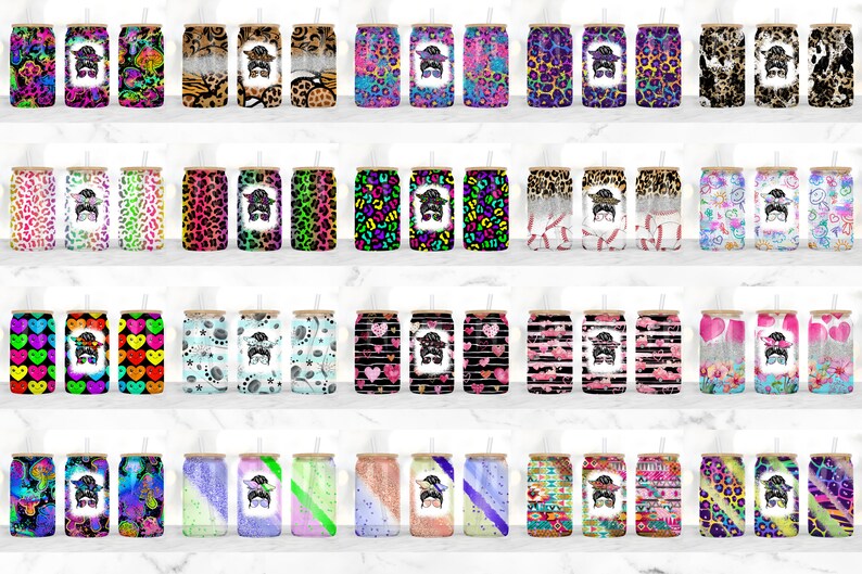 May include: A set of 30 colorful, patterned stainless steel tumblers with a straw. Each tumbler features a different design, including leopard print, hearts, stars, and abstract patterns. The tumblers are perfect for everyday use or for special occasions.