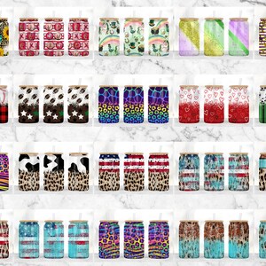 May include: Set of 30 sublimation designs featuring various patterns and designs on a can with a straw. The designs include animal prints, stripes, hearts, and more.