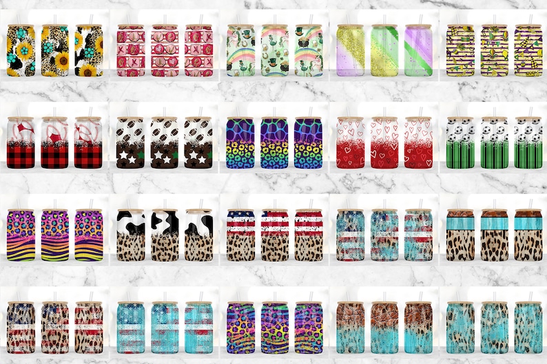 May include: Set of 30 sublimation designs featuring various patterns and designs on a can with a straw. The designs include animal prints, stripes, hearts, and more.